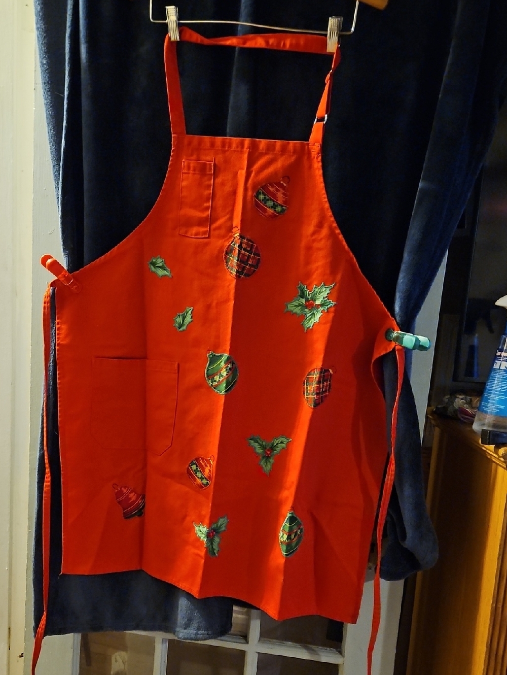 Red Holiday Apron with Plaid Ornaments